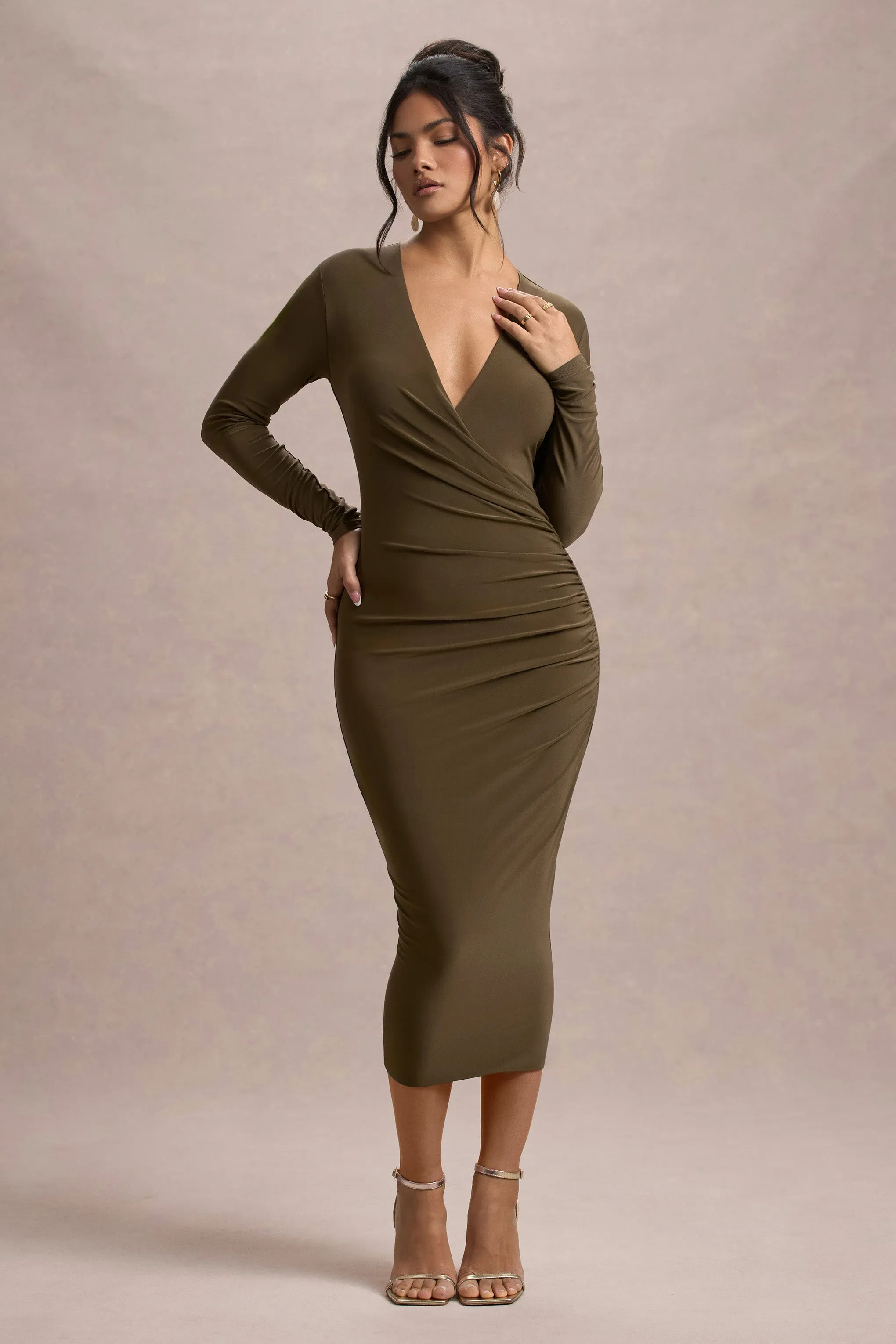 Marcia | Khaki Bodycon Plunge-Neck Midi Dress