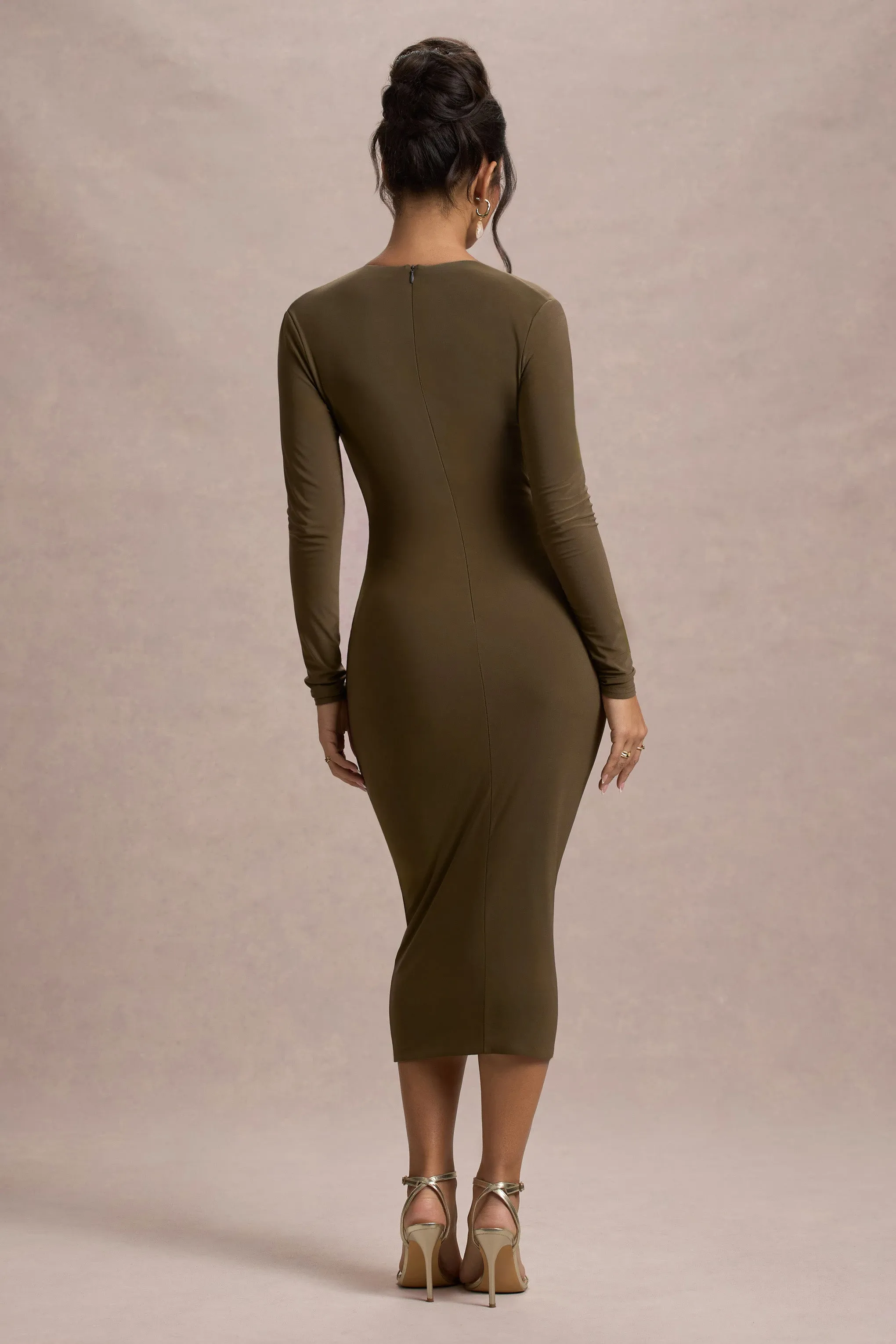 Marcia | Khaki Bodycon Plunge-Neck Midi Dress