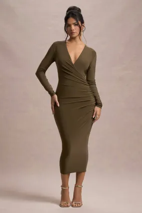 Marcia | Khaki Bodycon Plunge-Neck Midi Dress