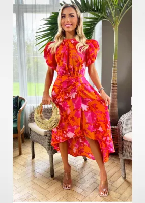 Mary Pink And Orange Puff Sleeve Dress