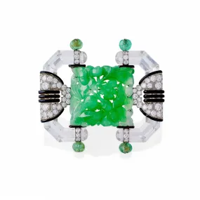 Mauboussin Paris Carved Rock Crystal, Jadeite and Emerald Brooch