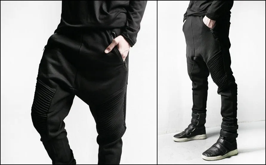 Men Slim-Fit Biker Drop Crotch Dual Zip Pants Trouser Pintuck