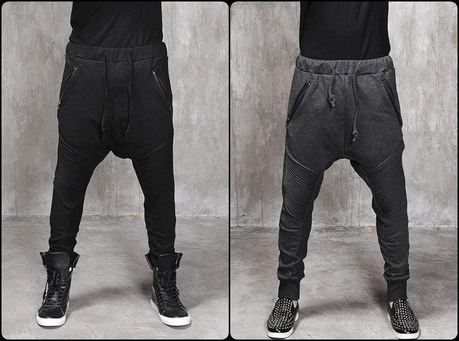 Men Slim-Fit Biker Drop Crotch Dual Zip Pants Trouser Pintuck