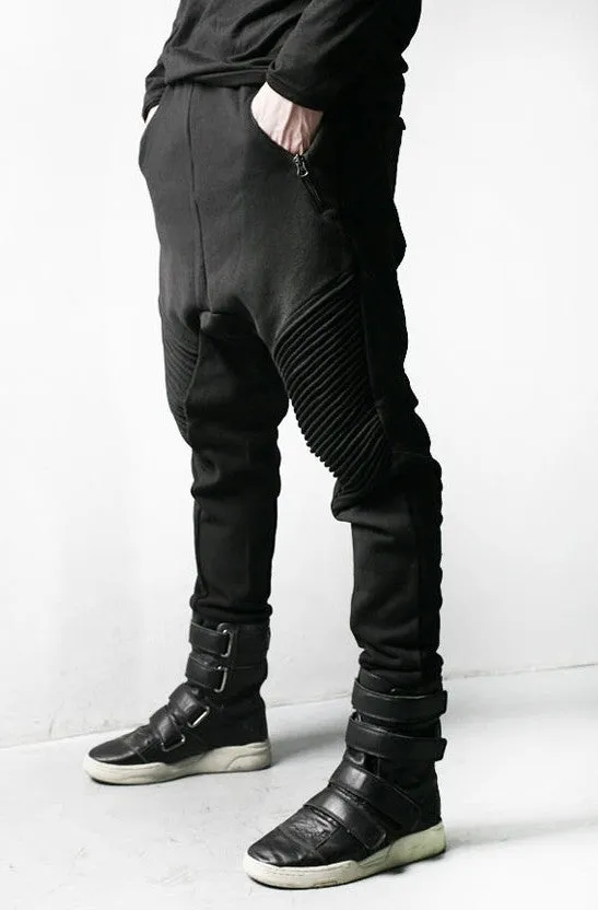 Men Slim-Fit Biker Drop Crotch Dual Zip Pants Trouser Pintuck