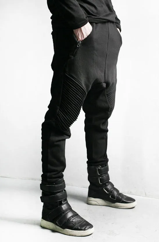 Men Slim-Fit Biker Drop Crotch Dual Zip Pants Trouser Pintuck