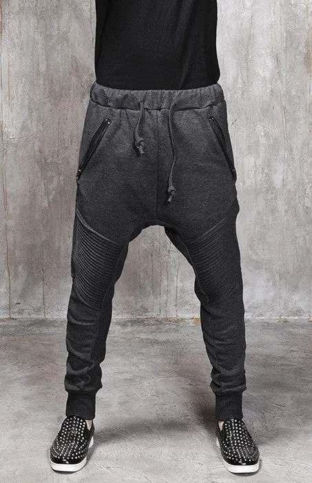 Men Slim-Fit Biker Drop Crotch Dual Zip Pants Trouser Pintuck