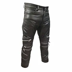 Mens Black Leather Padded Motorcycle Bikers Pants Jeans Trousers - J7