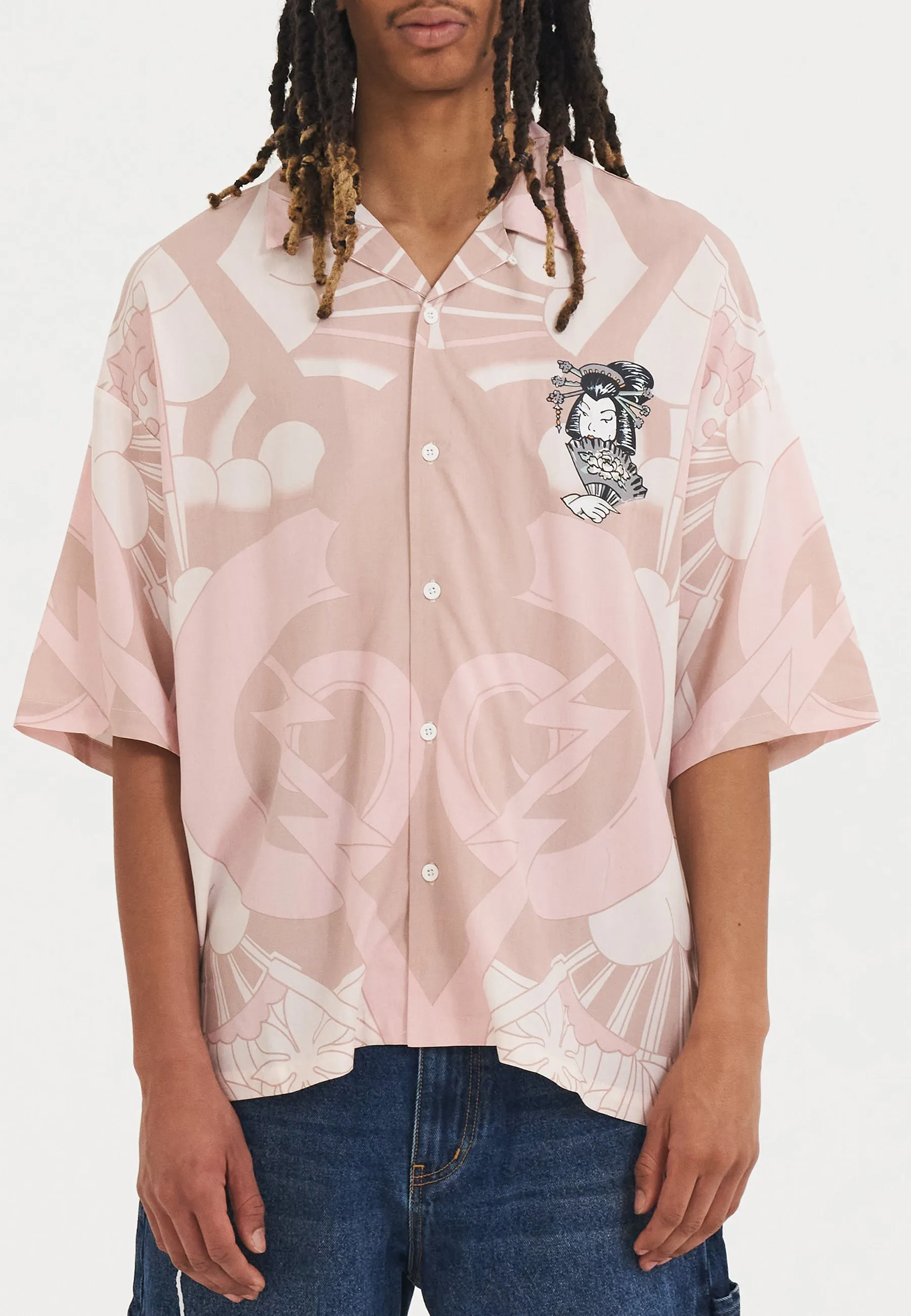 Mens Geisha Fan Camp Short Sleeve Shirt - Pink/White