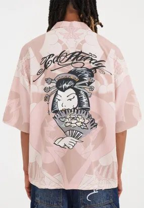 Mens Geisha Fan Camp Short Sleeve Shirt - Pink/White