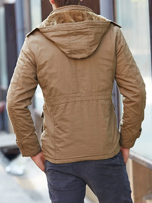 Men's Multi-Pocket Plus Fleece Warm Cotton Jacket