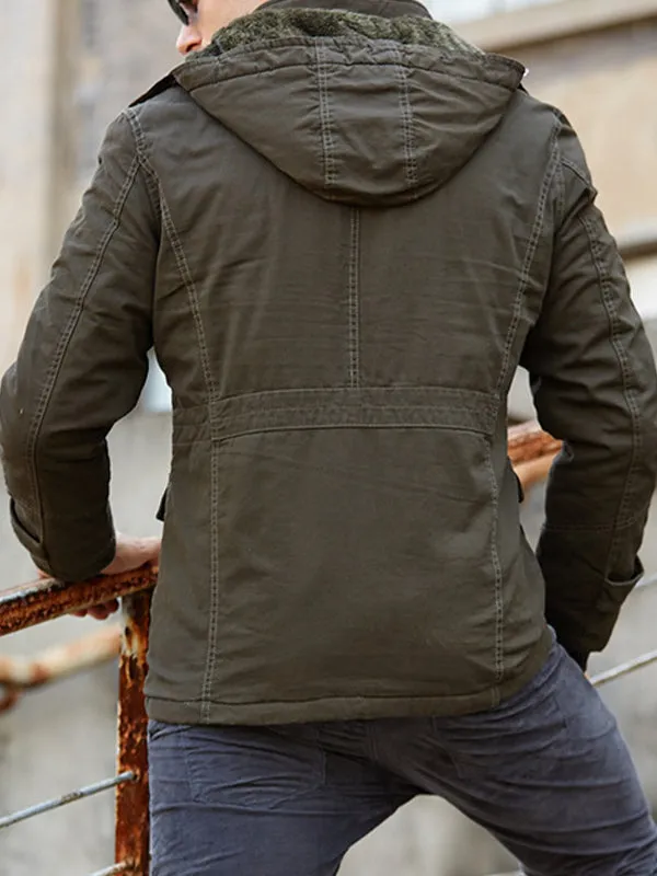 Men's Multi-Pocket Plus Fleece Warm Cotton Jacket