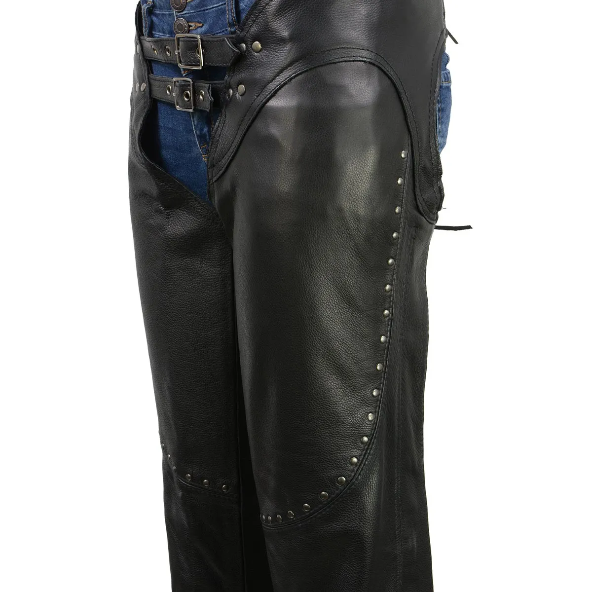 Milwaukee Leather Chaps for Women Black Low-Rise Waist- Front Double Buckle Rivet Detailing Motorcycle Chap- ML1186