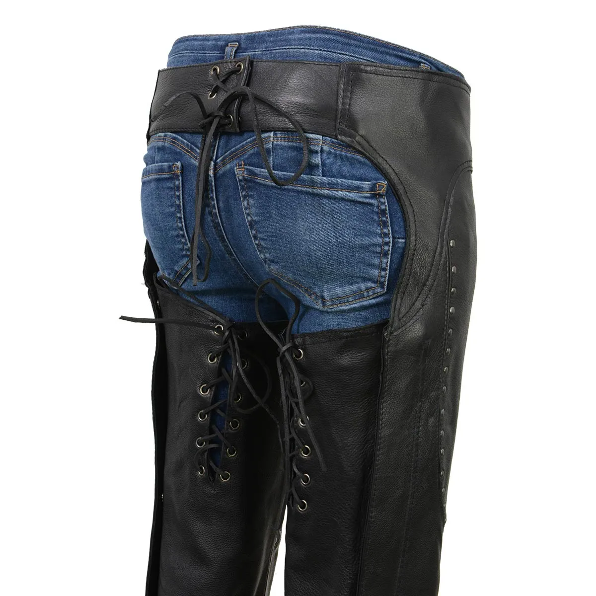 Milwaukee Leather Chaps for Women Black Low-Rise Waist- Front Double Buckle Rivet Detailing Motorcycle Chap- ML1186