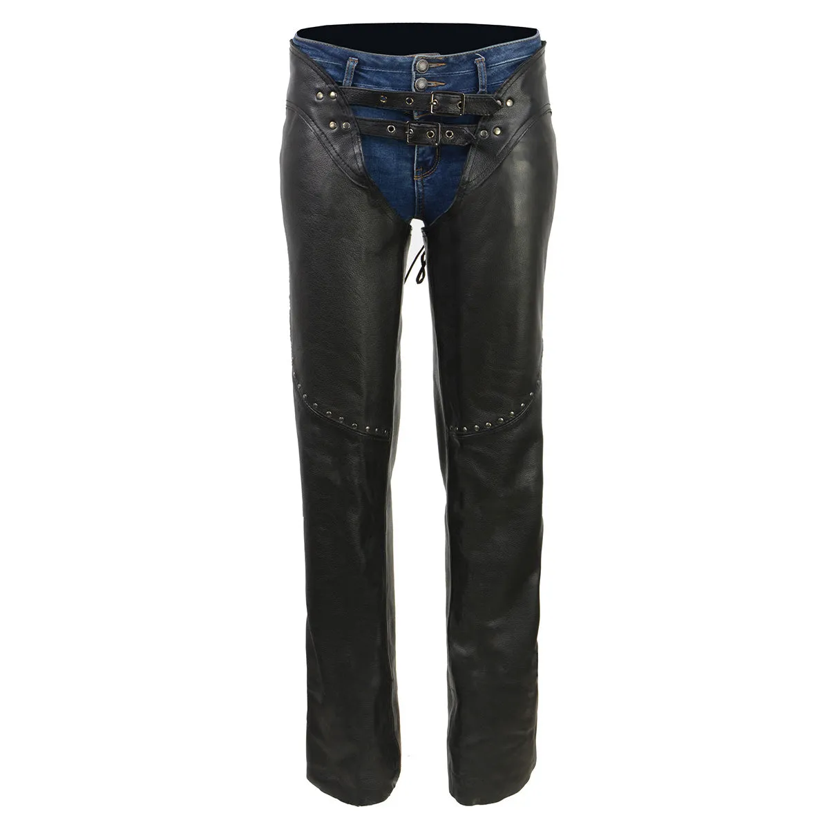 Milwaukee Leather Chaps for Women Black Low-Rise Waist- Front Double Buckle Rivet Detailing Motorcycle Chap- ML1186