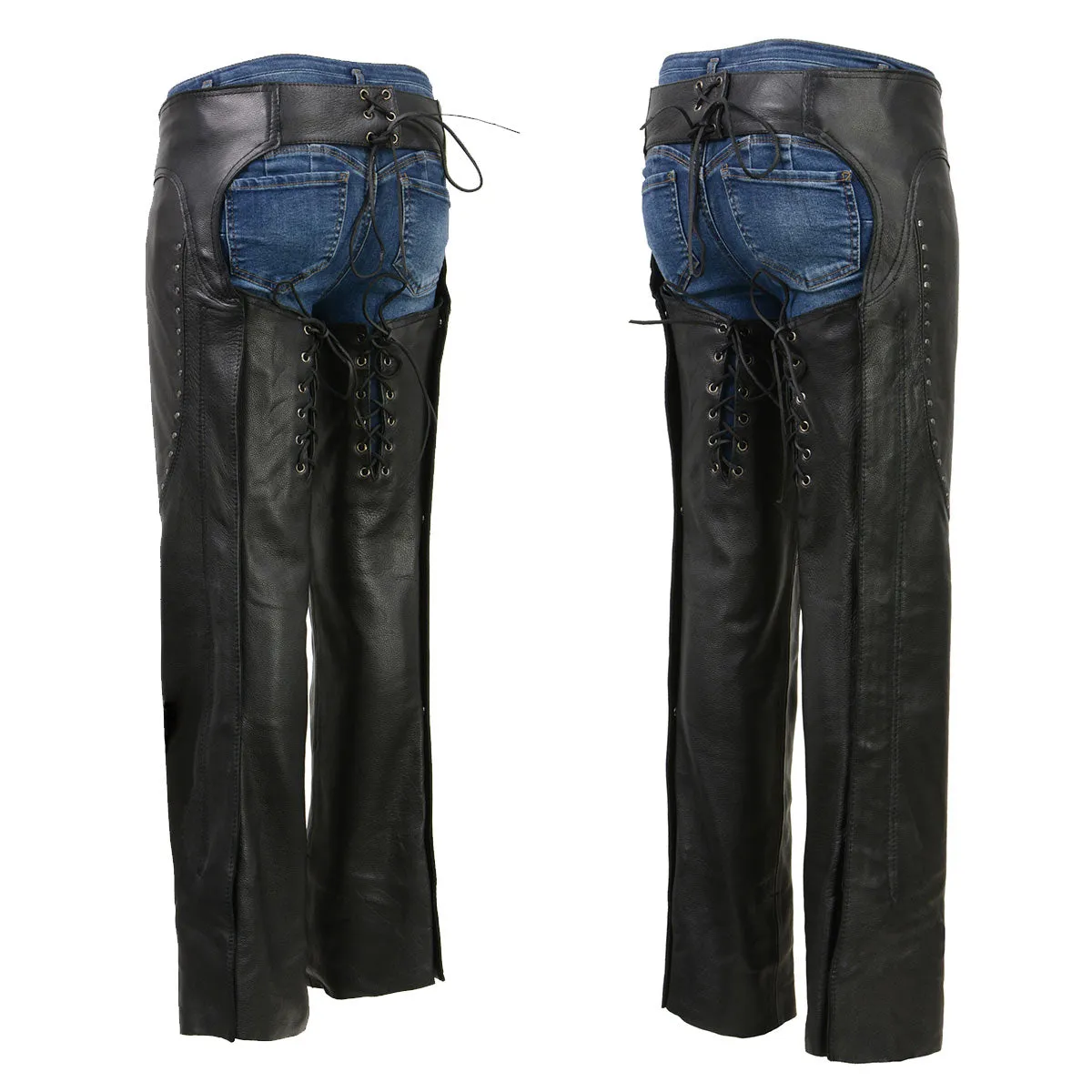 Milwaukee Leather Chaps for Women Black Low-Rise Waist- Front Double Buckle Rivet Detailing Motorcycle Chap- ML1186