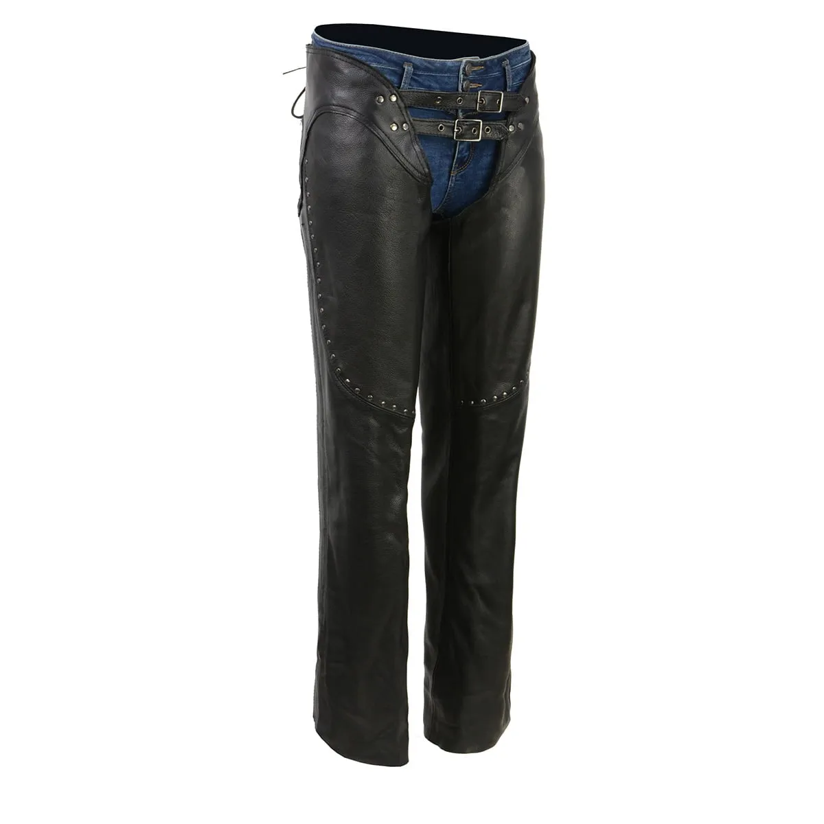 Milwaukee Leather Chaps for Women Black Low-Rise Waist- Front Double