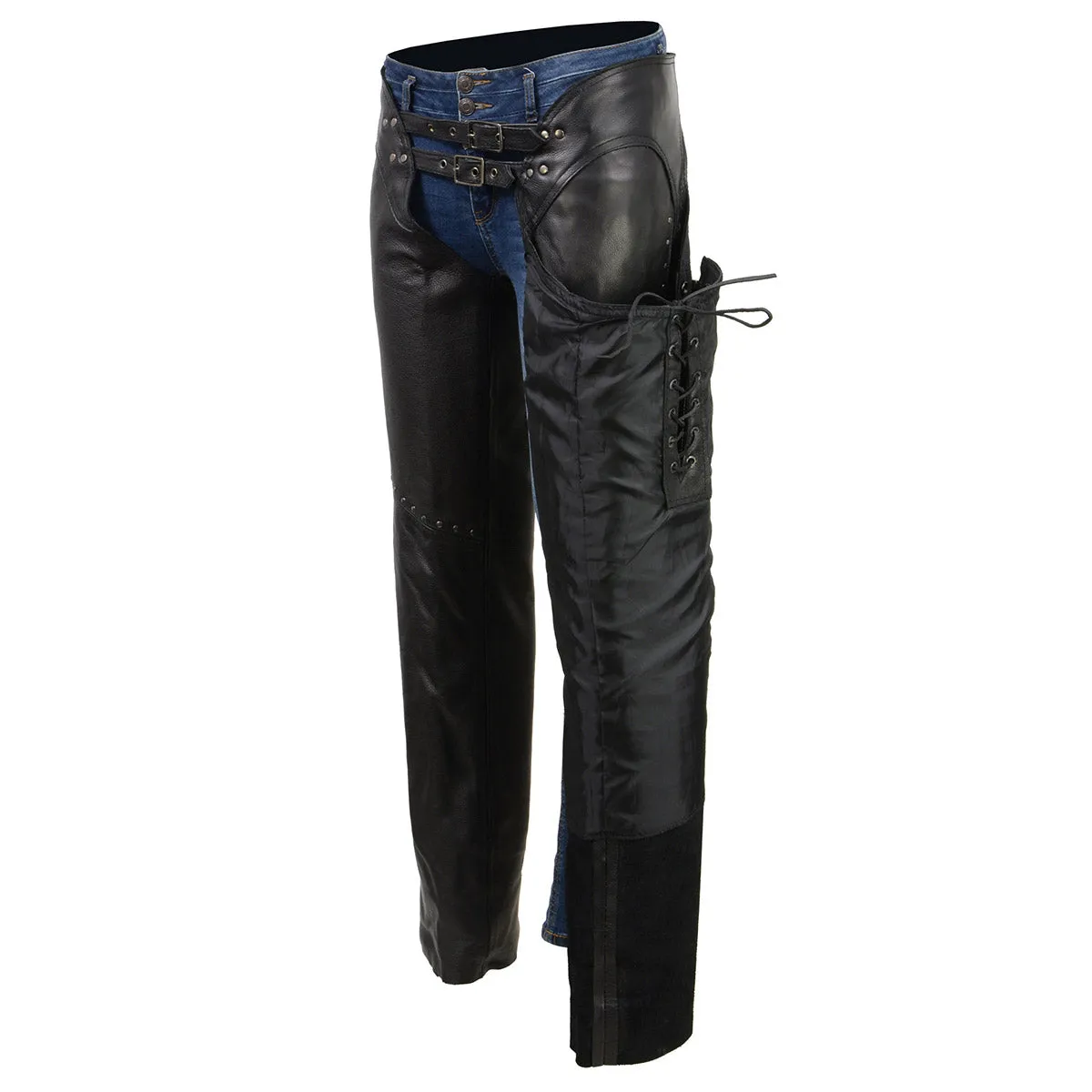 Milwaukee Leather Chaps for Women Black Low-Rise Waist- Front Double