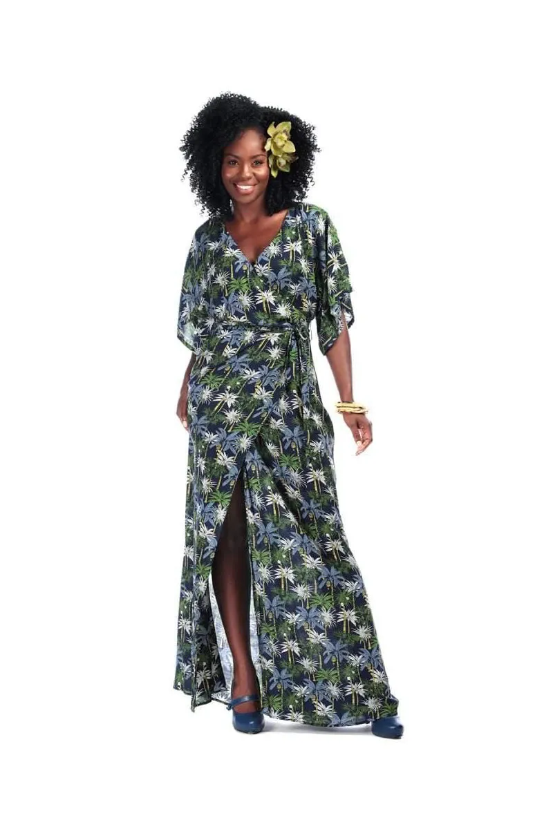 Navy Blue and Green Palm Tree Print Faux Wrap Maxi Dress