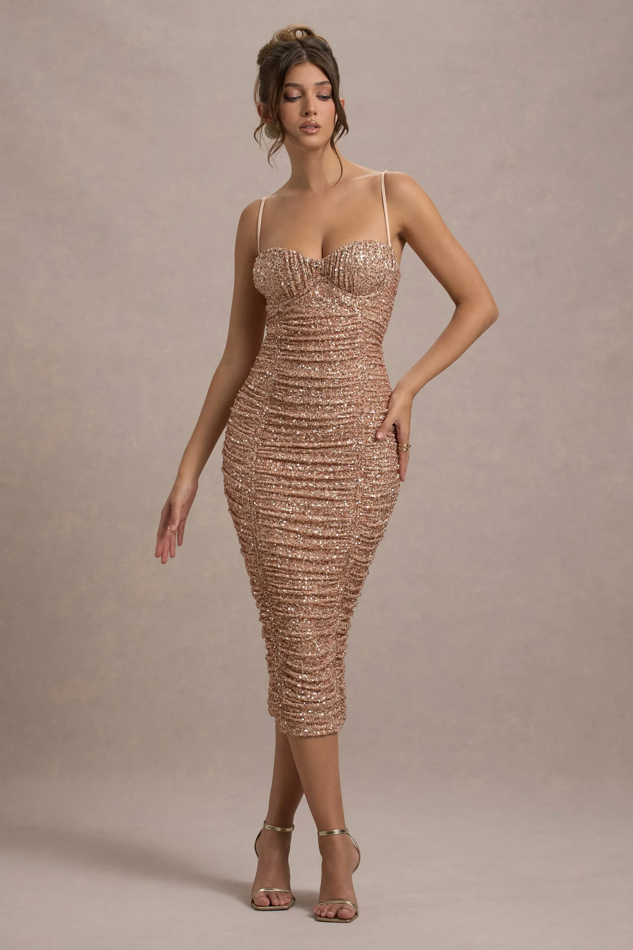 New Energy | Gold Sequin Strappy Ruched Bodycon Midi Dress