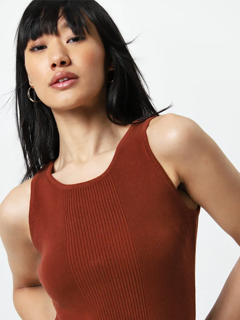 Nuon Brown Ribbed Bodycon Cotton Dress