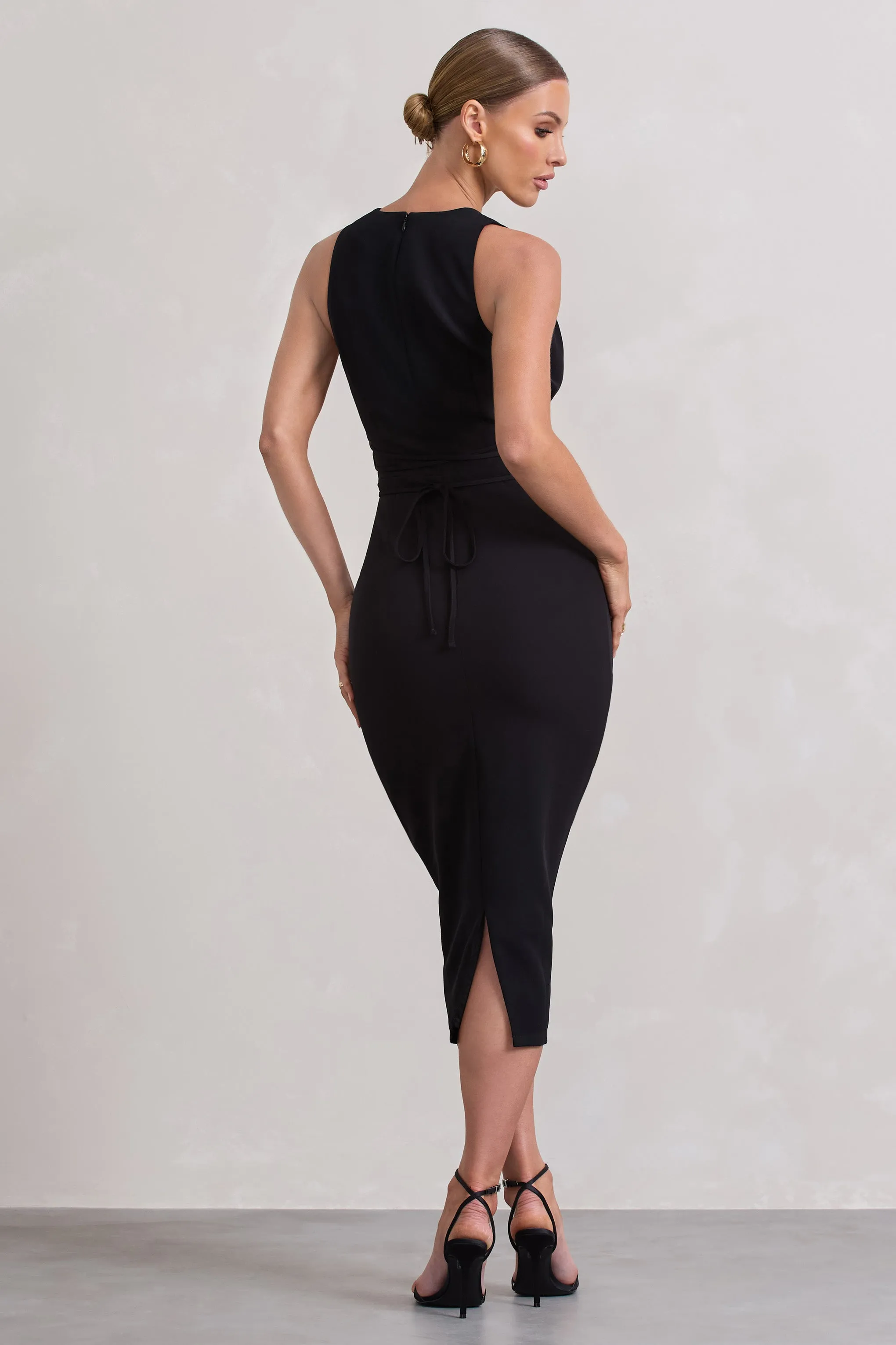 Odessa | Black Plunge Sleeveless Midi Dress With Tie Waist