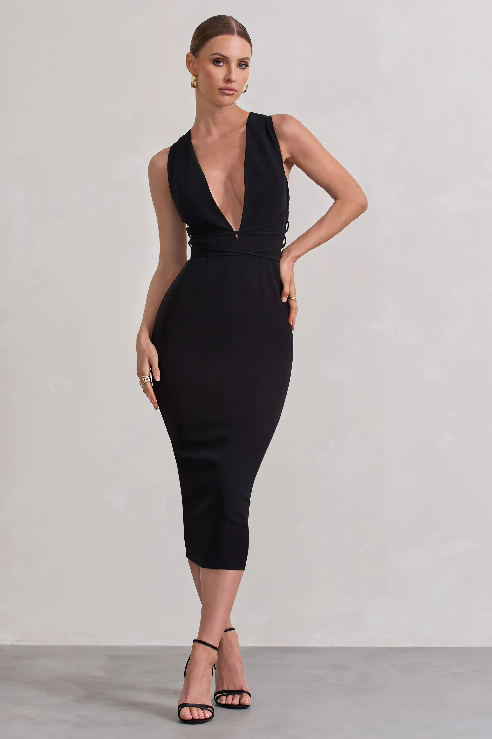 Odessa | Black Plunge Sleeveless Midi Dress With Tie Waist