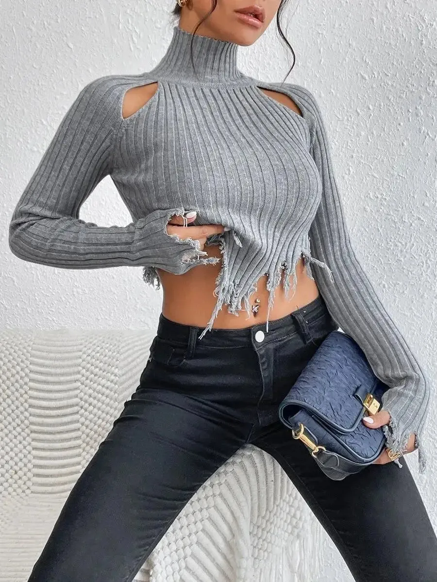 Out Collar Navel High Worn Spring High Street Y2K Hollow Long Sexy Sleeve Sweater