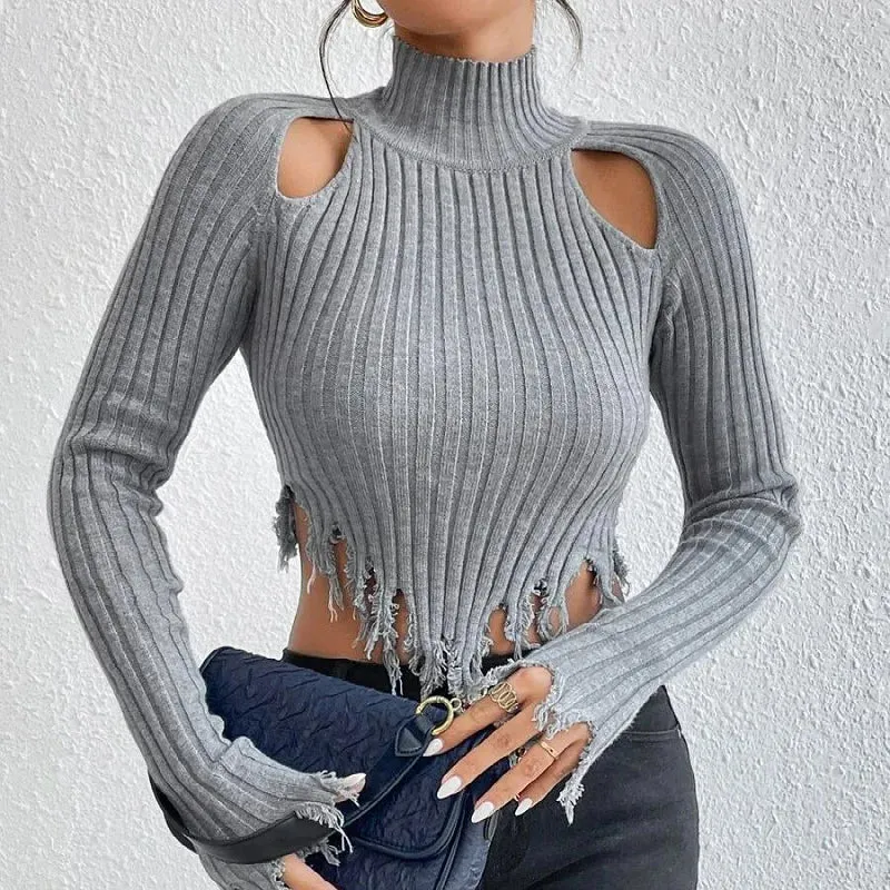 Out Collar Navel High Worn Spring High Street Y2K Hollow Long Sexy Sleeve Sweater