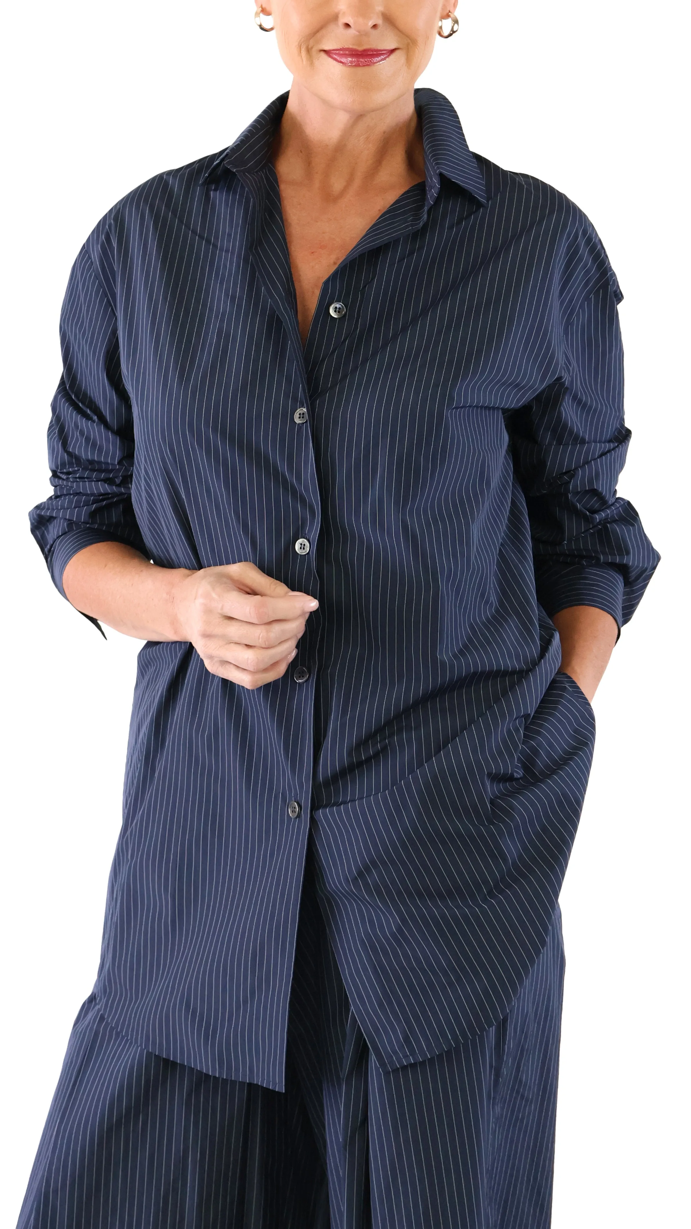 Oversized Pinstripe Blouse - Navy