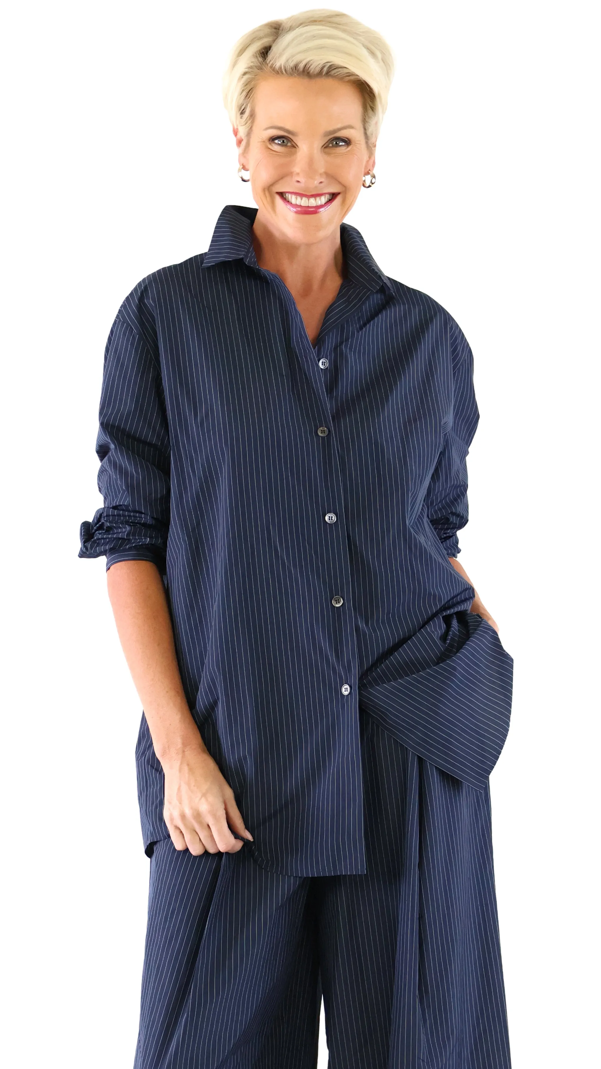 Oversized Pinstripe Blouse - Navy