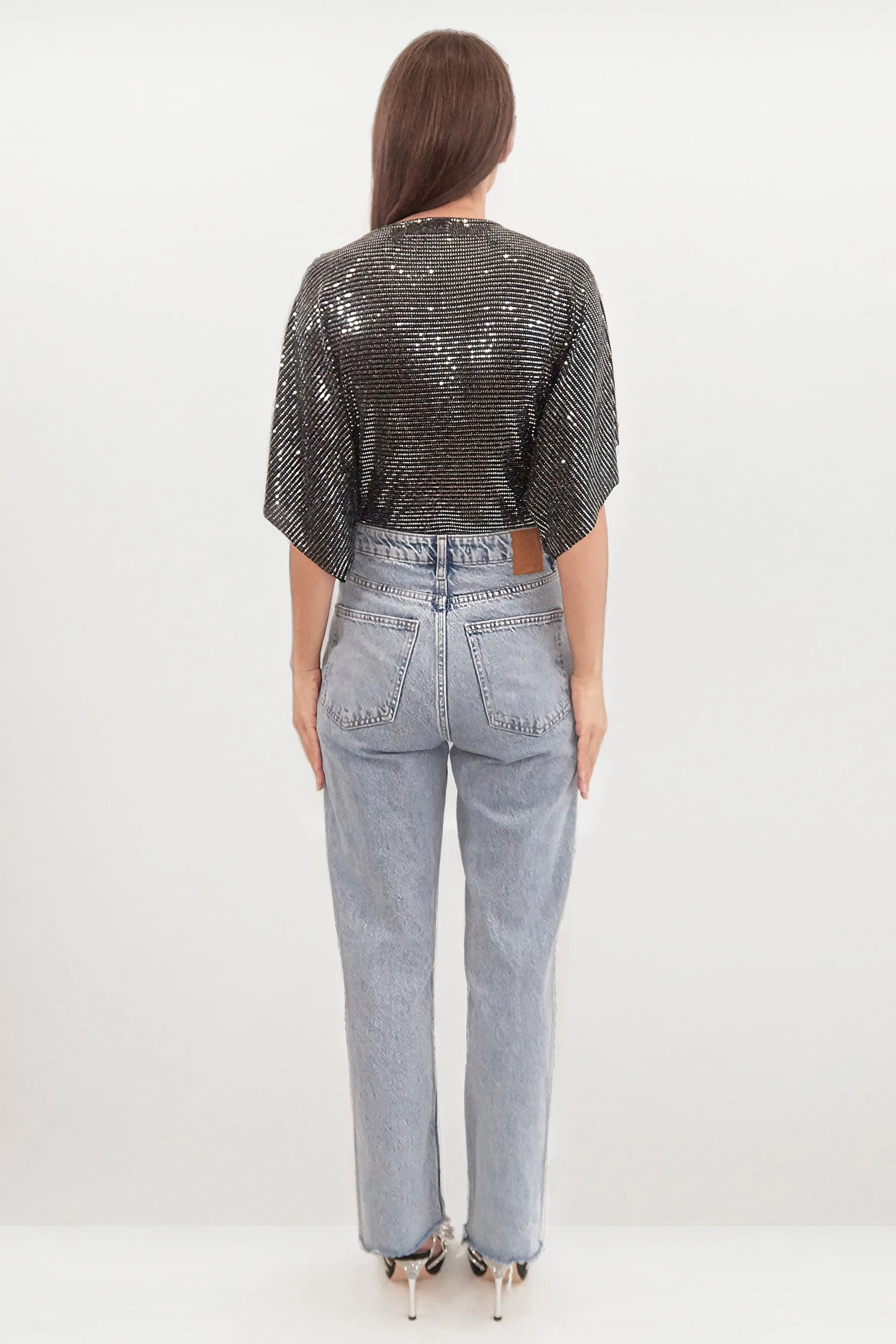 PERRIE SILVER SEQUIN ANGEL SLEEVED WRAP BODYSUIT TOP