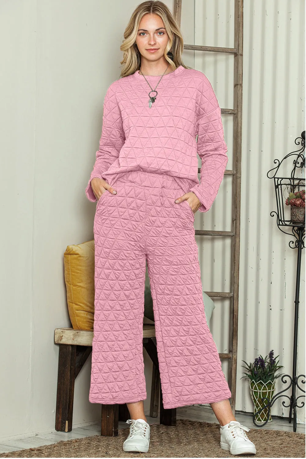 Pink Solid Color Quilted Long Sleeve Top and Pockets Pants Set