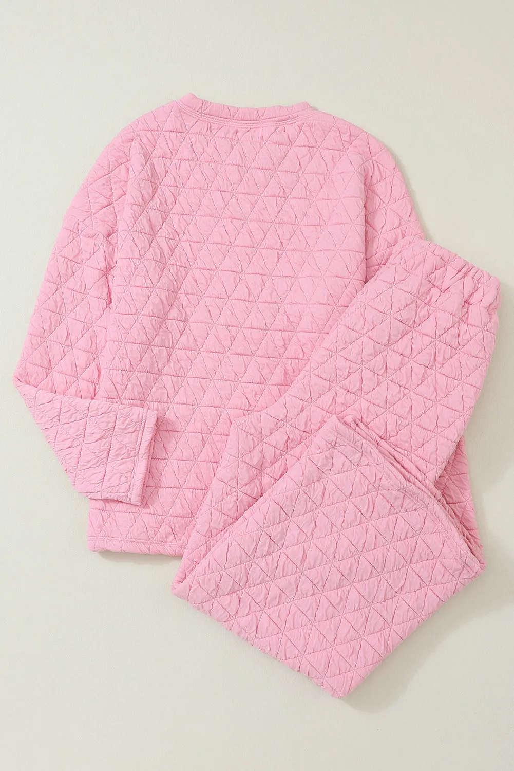 Pink Solid Color Quilted Long Sleeve Top and Pockets Pants Set