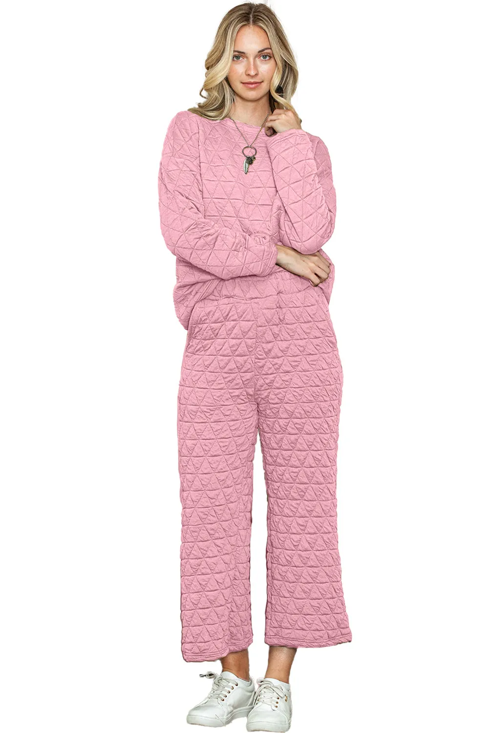 Pink Solid Color Quilted Long Sleeve Top and Pockets Pants Set