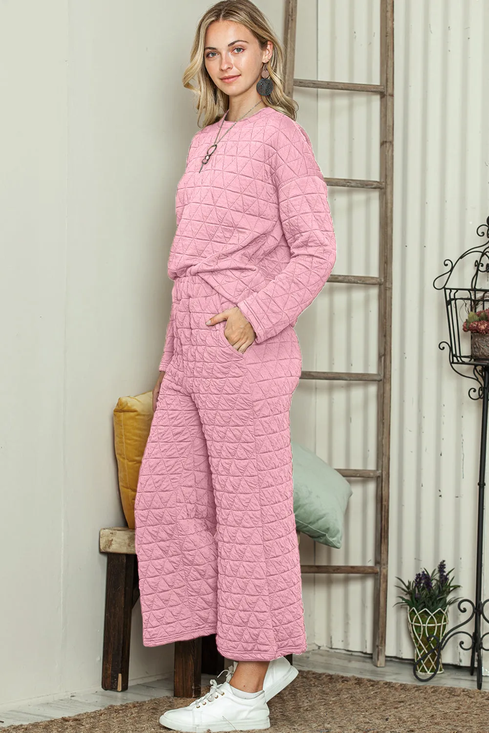 Pink Solid Color Quilted Long Sleeve Top and Pockets Pants Set