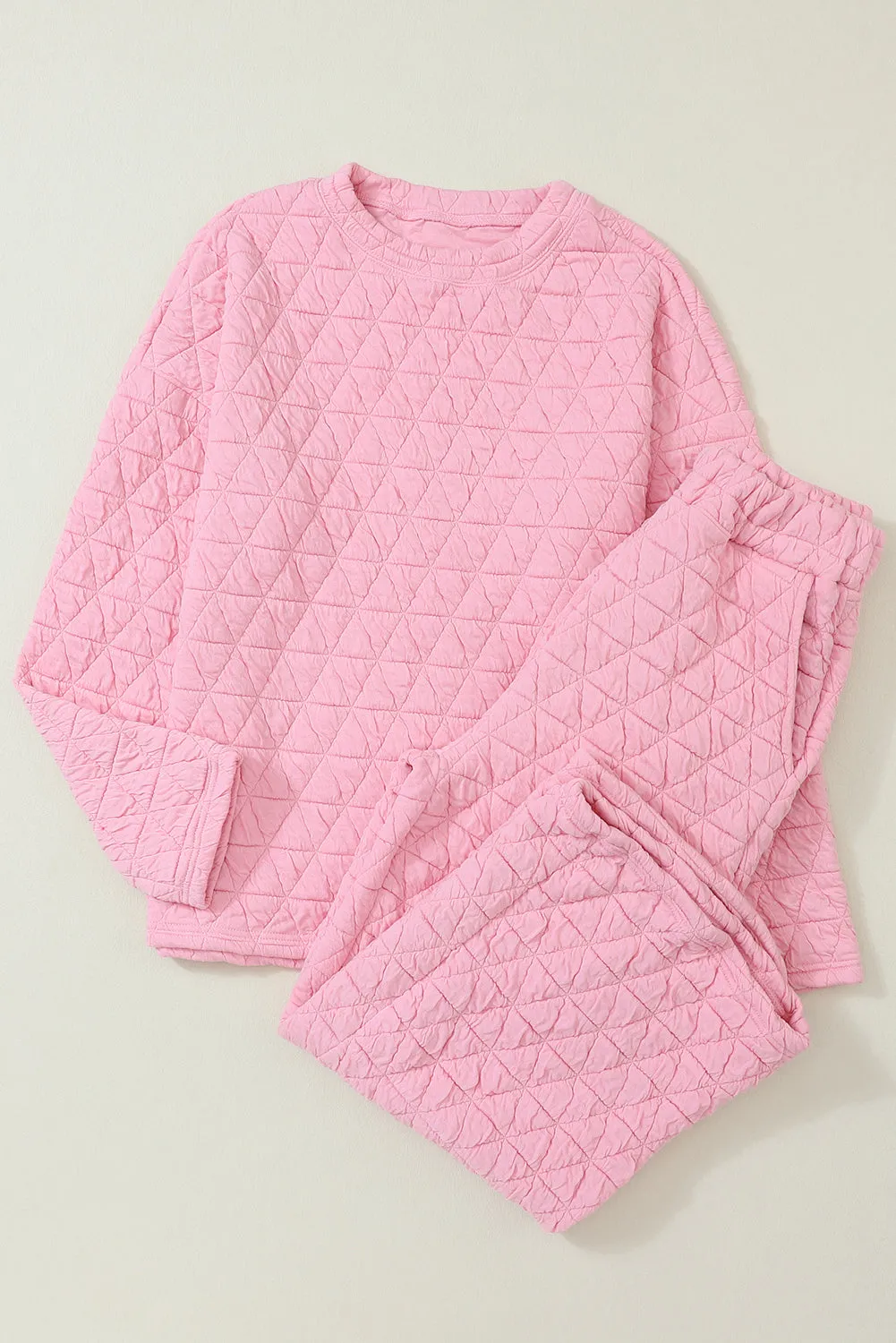 Pink Solid Color Quilted Long Sleeve Top and Pockets Pants Set