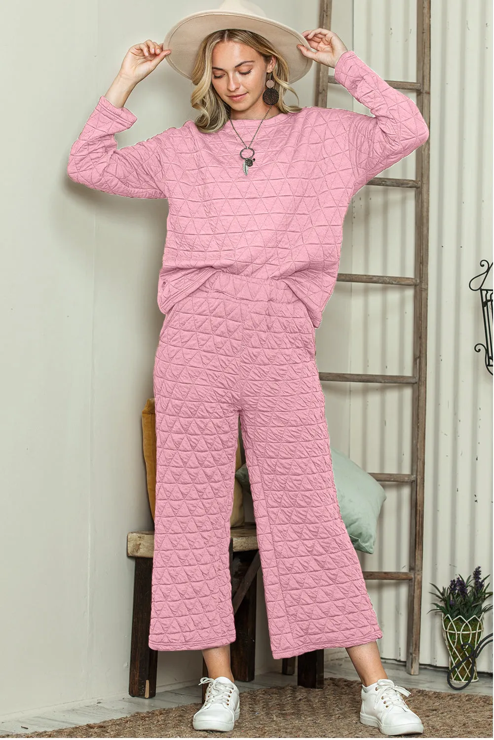 Pink Solid Color Quilted Long Sleeve Top and Pockets Pants Set