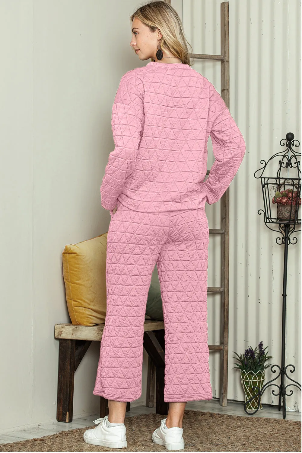 Pink Solid Color Quilted Long Sleeve Top and Pockets Pants Set