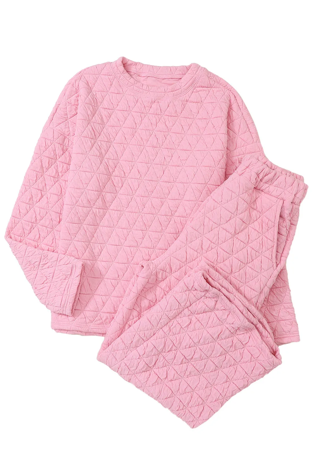 Pink Solid Color Quilted Long Sleeve Top and Pockets Pants Set