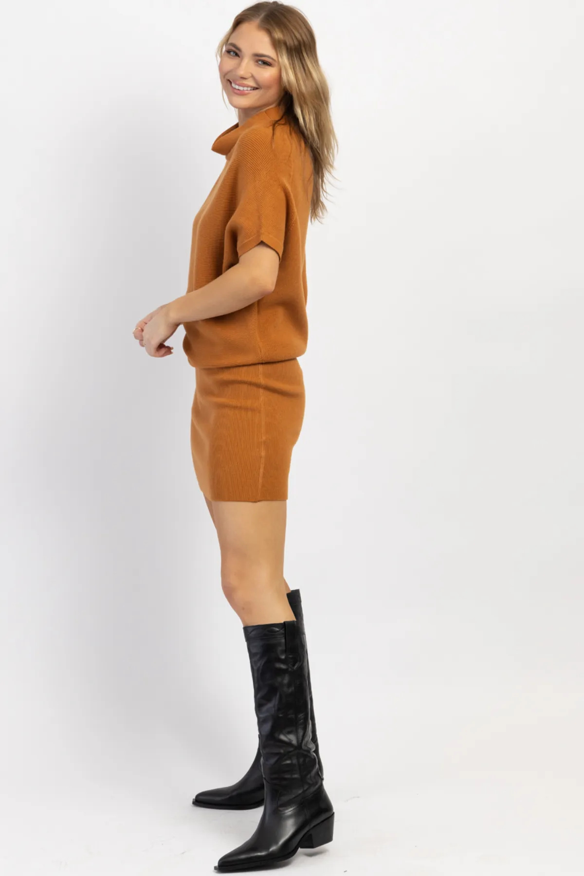 PIPPA CAMEL SLOUCH SHOULDER MINI DRESS