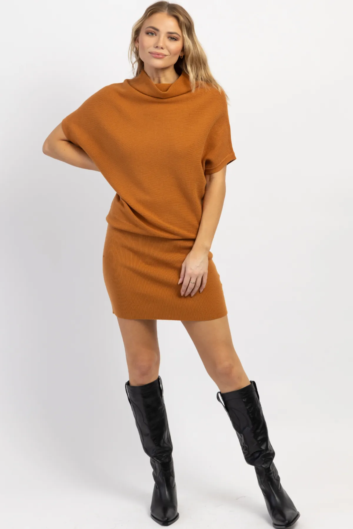 PIPPA CAMEL SLOUCH SHOULDER MINI DRESS