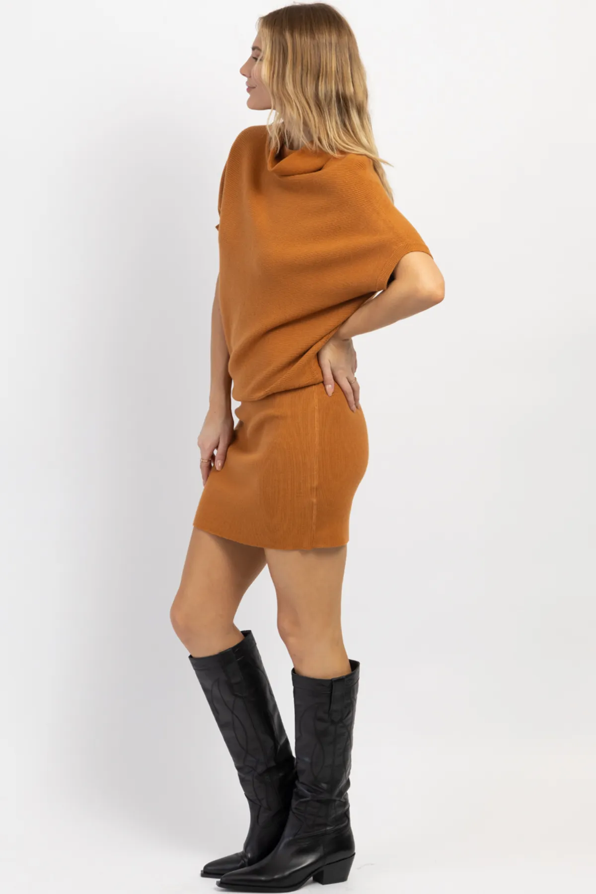 PIPPA CAMEL SLOUCH SHOULDER MINI DRESS