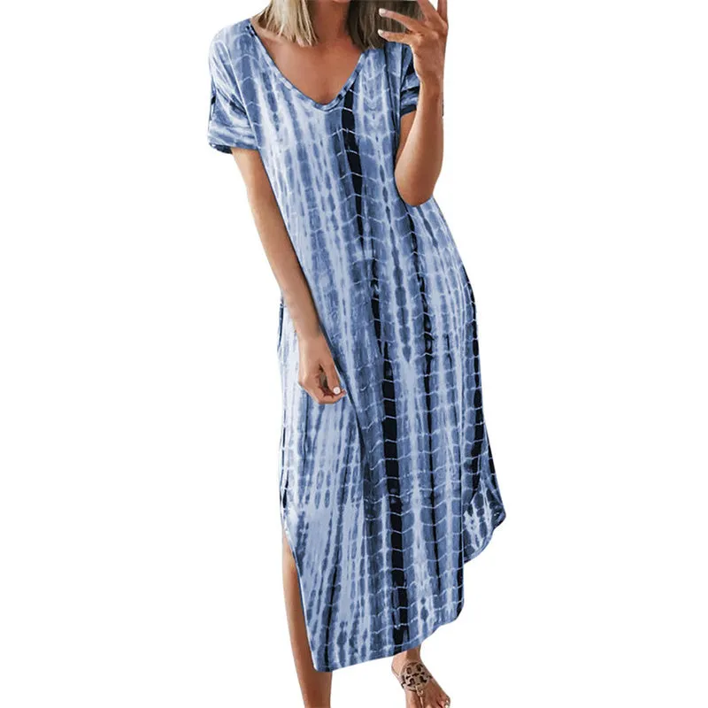 Plus Size Summer Women's V-Neck Tie Dyeing Print Split Maxi Dress