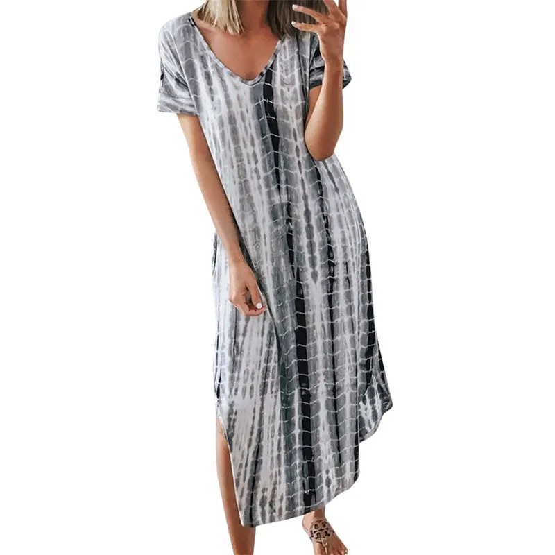 Plus Size Summer Women's V-Neck Tie Dyeing Print Split Maxi Dress