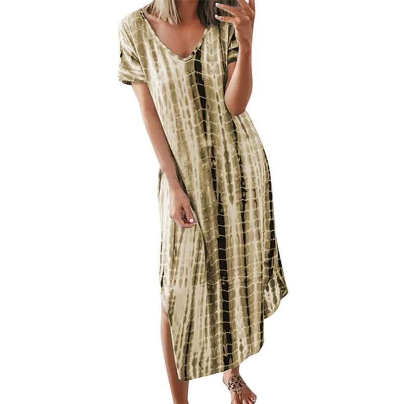 Plus Size Summer Women's V-Neck Tie Dyeing Print Split Maxi Dress