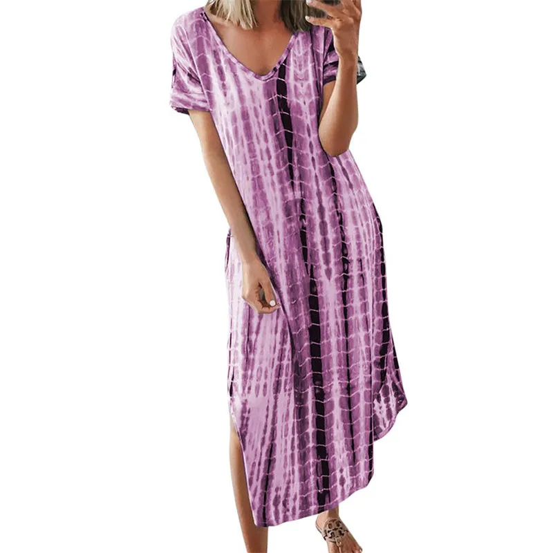 Plus Size Summer Women's V-Neck Tie Dyeing Print Split Maxi Dress