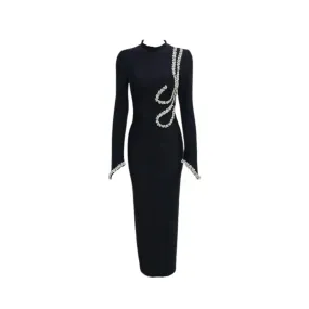 Pre Order: Black Long Sleeve Crystal Bandage Dress