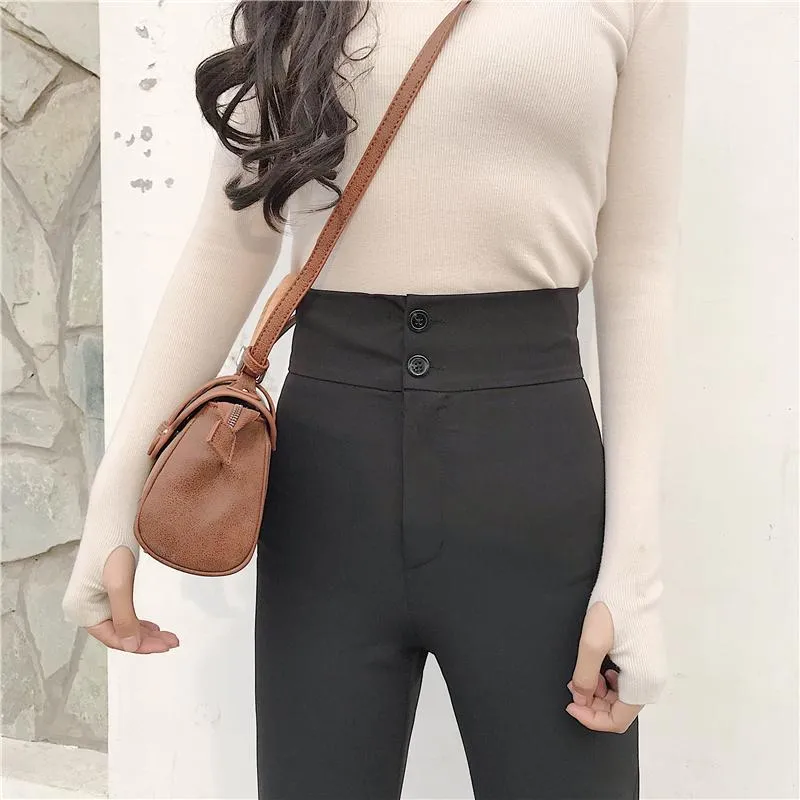 Retro Casual Black Brown High Waist Straight Pants