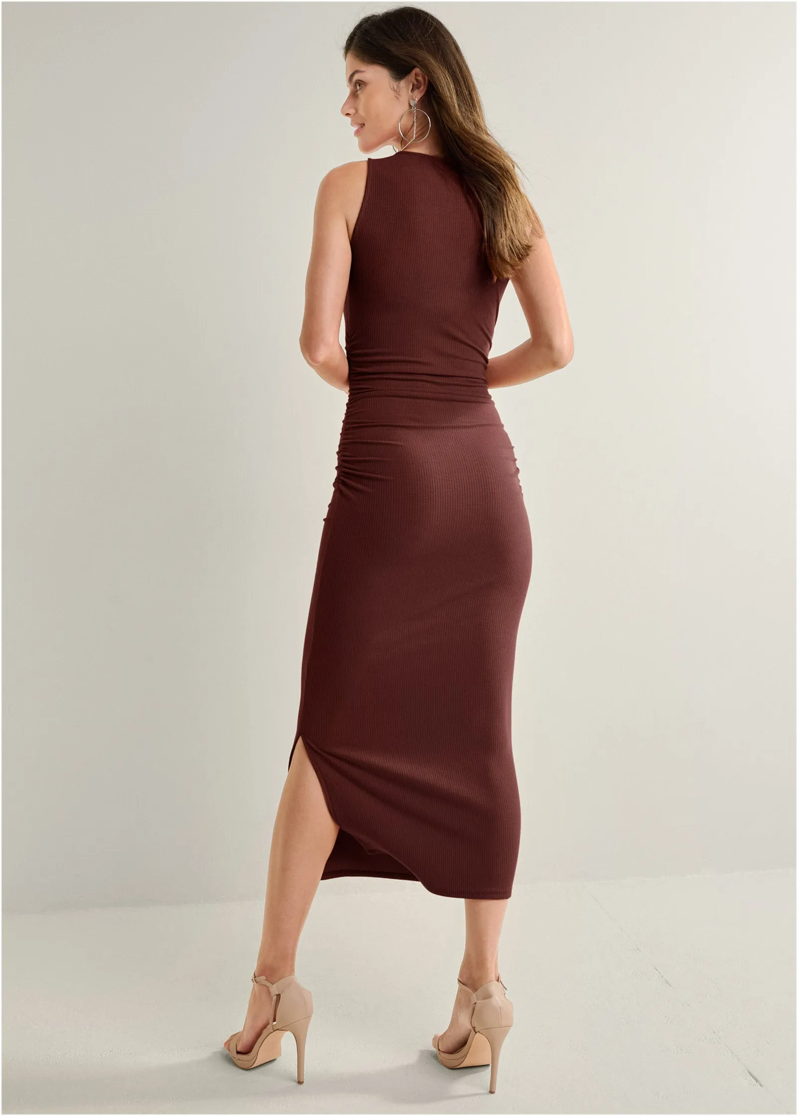 Ribbed Bodycon Midi Dress - Auburn