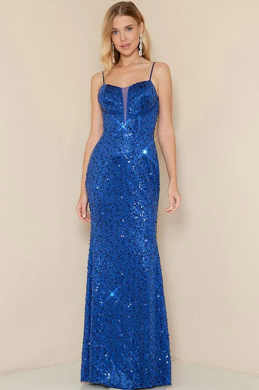 Royal Blue Sequin Maxi Dress With Lace Up Back